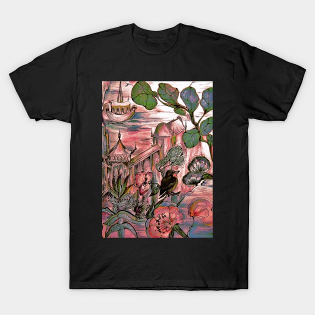 PINK ORIENTAL  ASIAN ART POSTER FLORAL BIRD PAGODA DECO DESIGN PRINT T-Shirt by jacquline8689